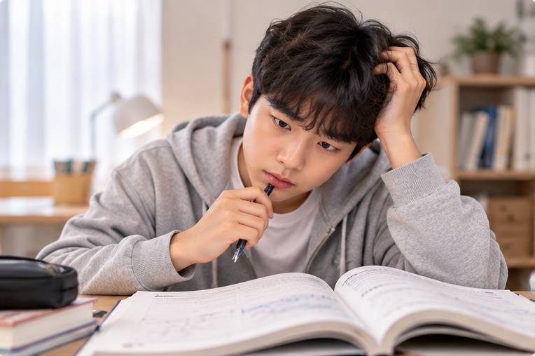 개념서를 펼쳐 놓고 고민하는 학생