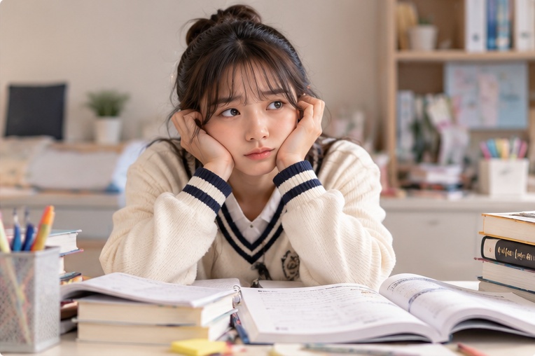 책을 펼쳐 두고 무엇부터 할지 막막해하는 학생