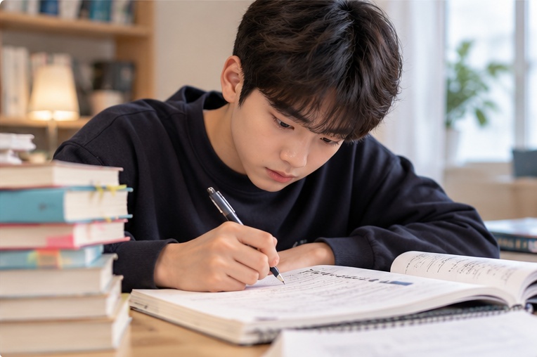문제집을 반복해서 풀고 있는 학생
